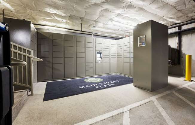 a locker room in a gym with a navy rug on the floor