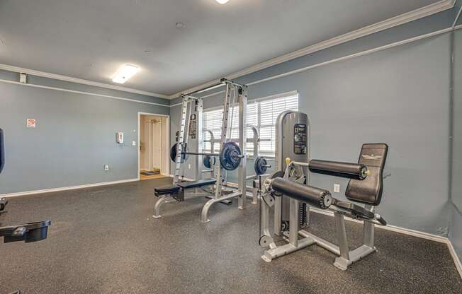 A gym with a variety of equipment including a leg press machine and a bench press.