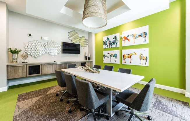 Conference room with table, satellite TV