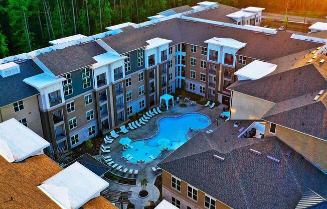 Aerial View Of Pointe at Lake CrabTree Pool in Morrisville, NC Apartments for Rent