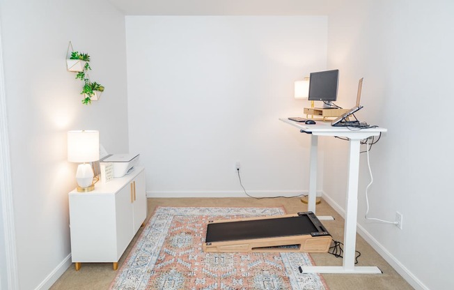 A room with a desk, chair, and a rug.
