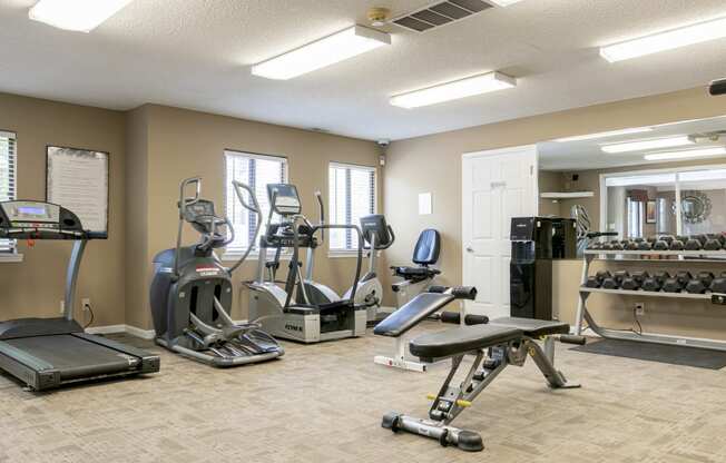 a gym with cardio machines and other exercise equipment