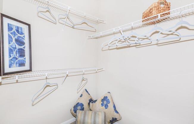 Walk-in closet with shelving, clothes hangers and decorative pillows