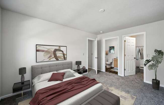 A bedroom with a large bed and a painting on the wall at Arbors at Georgetown Apartments, Lansing, 48911
