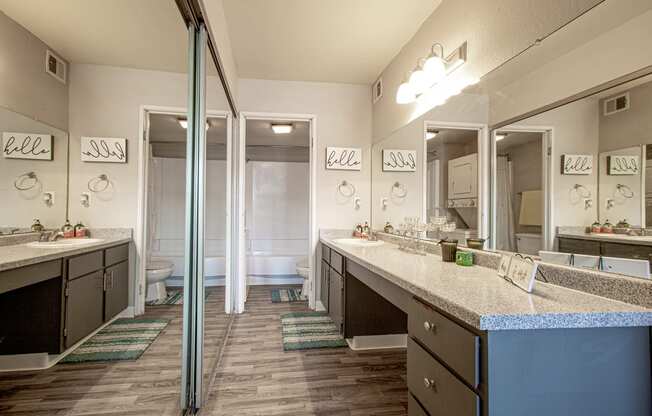Bathroom vanity and closet at Villas Del Cielo Aprartments in Albuquerque New Mexico October 2020