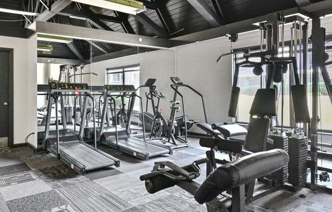 A fully equipped gym with cardio equipment and weights at Aspen Ridge Apartments in West Chicago Illinois 60185