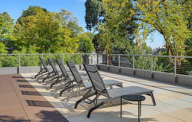 a row of chaise lounge chairs on a patio with trees