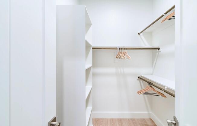 Spacious closet with built-in shelving and dual hanging space designed for organization and streamlined daily routines.
