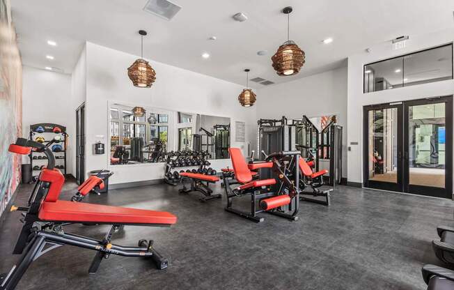 A gym with red and black equipment.