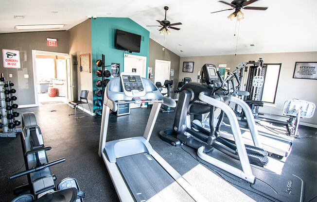 A gym with treadmills, exercise bikes, and other equipment.