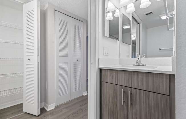 a bathroom with a sink and a mirror