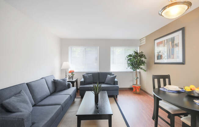 A living room with a grey couch, a black coffee table, and a dining table with chairs.