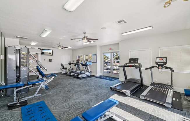 A gym with treadmills, weight machines, and a television.