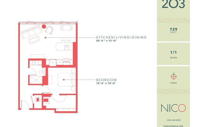 1 bed, 1 bath, 729 sqft, $1,290, Unit 203