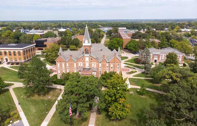 an aerial view of a building on the campus at Canary Lofts, Des Moines, IA