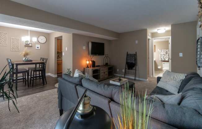 This is a photo of the living room in the upgraded 650 square foot, 1 bedroom, 1 bath model apartment at Deer Hill Apartments in Cincinnati, Ohio.