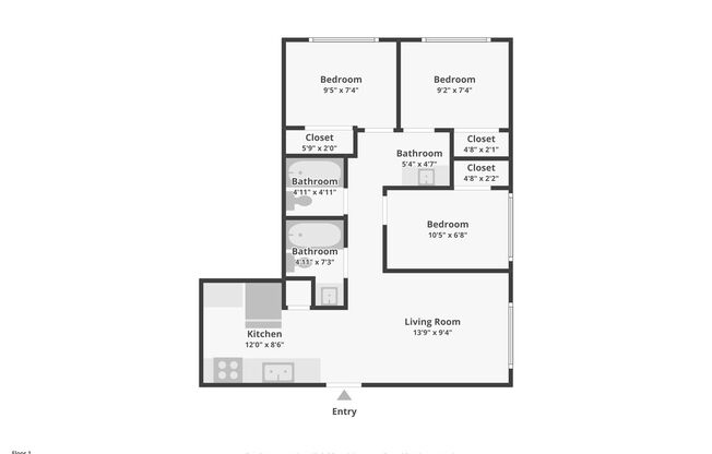 3 beds, 2 baths, 643 sqft, $1,950, Unit B205