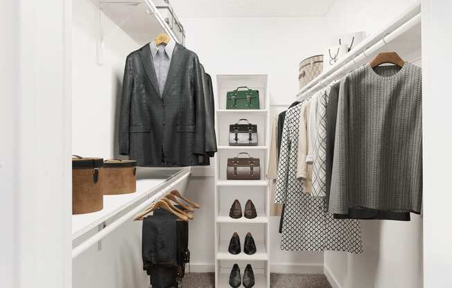 Virtually staged walk in closet with hanged clothes, shelves, shoes and handbags