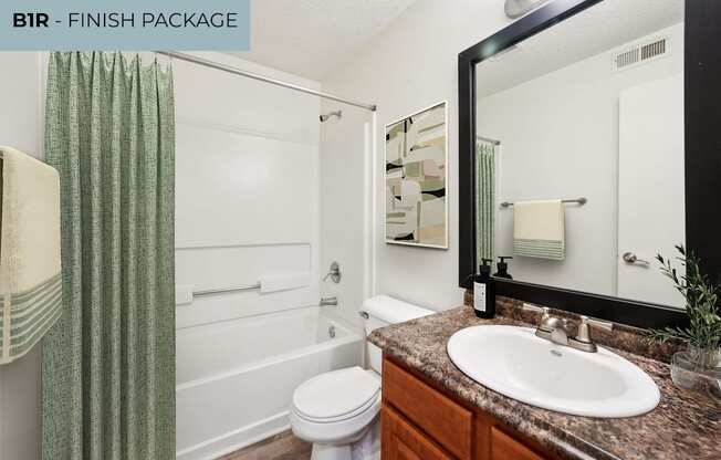 A bathroom with a white toilet, a sink, and a shower.