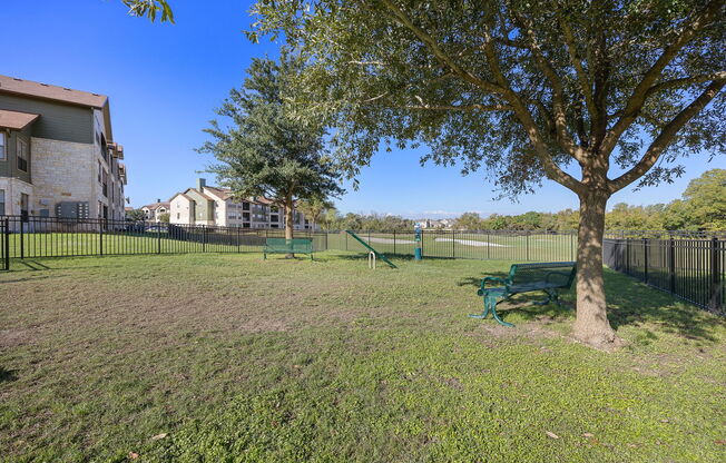 a park with a tree and a tennis court in front of a building at The Fairways at Star Ranch, Hutto, Texas