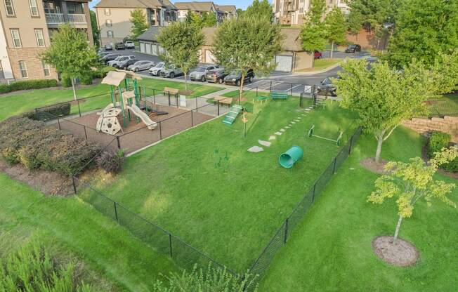 an aerial view of a playground in a park