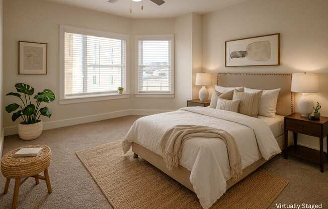 A bedroom with a large bed, a ceiling fan, and a potted plant.