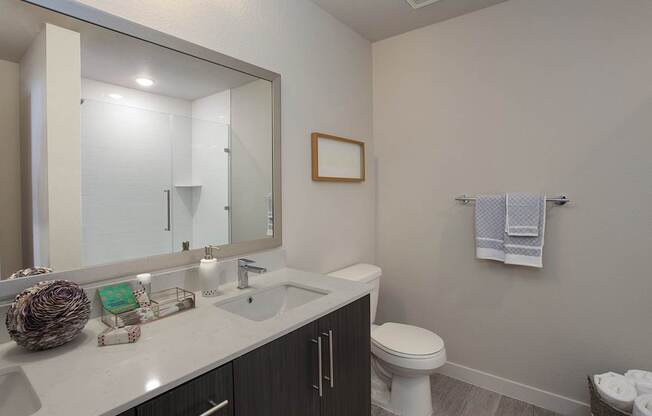 Bathrooms with quartz countertops, dual vanities and frameless walk-in showers