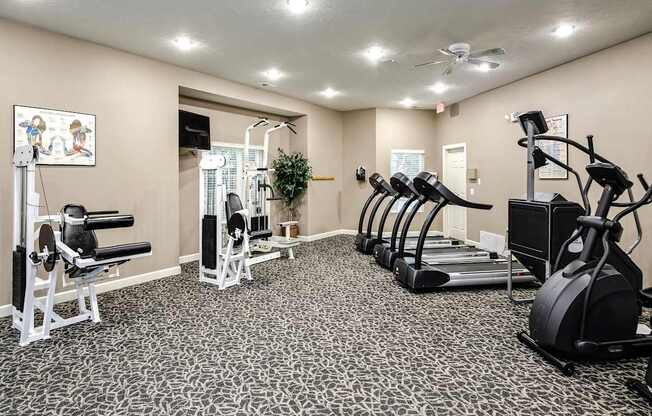 A spacious gym with a variety of equipment including treadmills, elliptical machines, and weight benches. at Tranquility Pointe, Omaha, Nebraska
