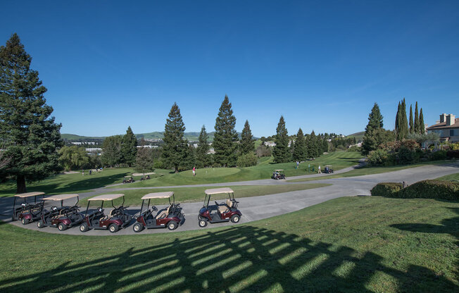 a line of golf carts parked on a golf course  at Falcon Bridge at Gale Ranch, San Ramon, 94582