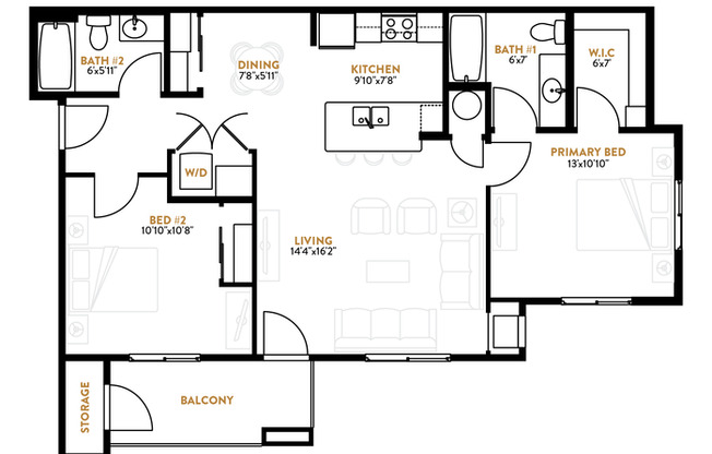 2 beds, 2 baths, 1,052 sqft, $1,765, Unit A201