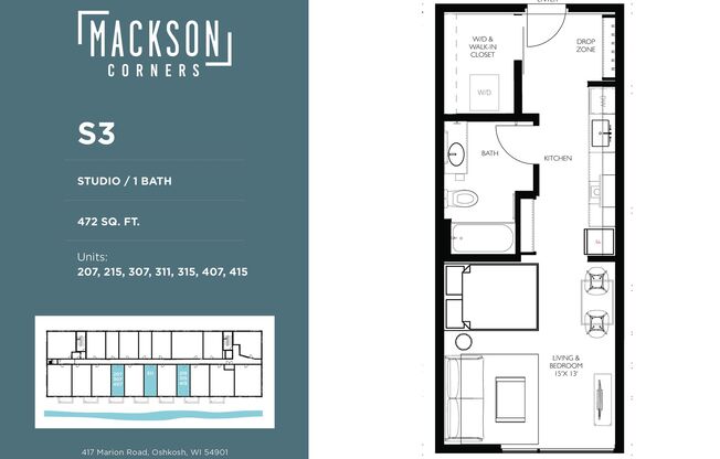 Studio, 1 bath, 472 sqft, $1,350, Unit 307