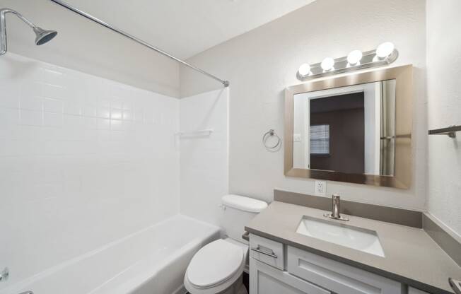 a bathroom with a sink toilet and a mirror at Woodlands of Plano in Plano, TX