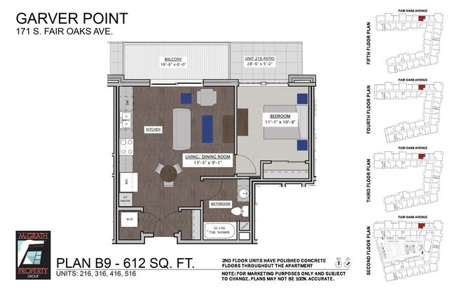 1 bed, 1 bath, 612 sqft, $1,550, Unit 416
