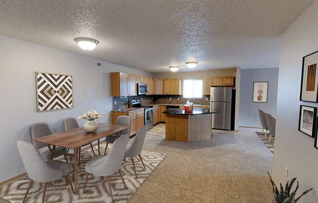 a kitchen and dining area in Minot apartment