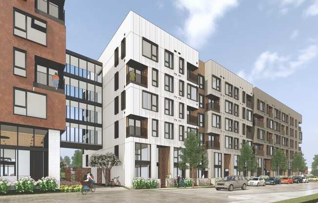 a rendering of an apartment building on a city street