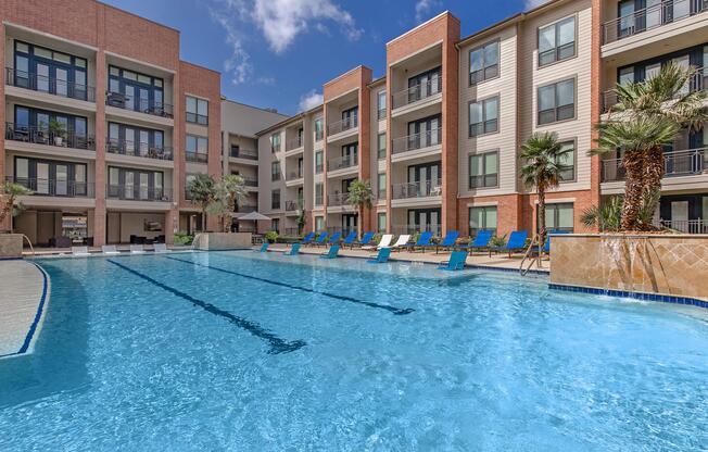 a pool of water in front of a building