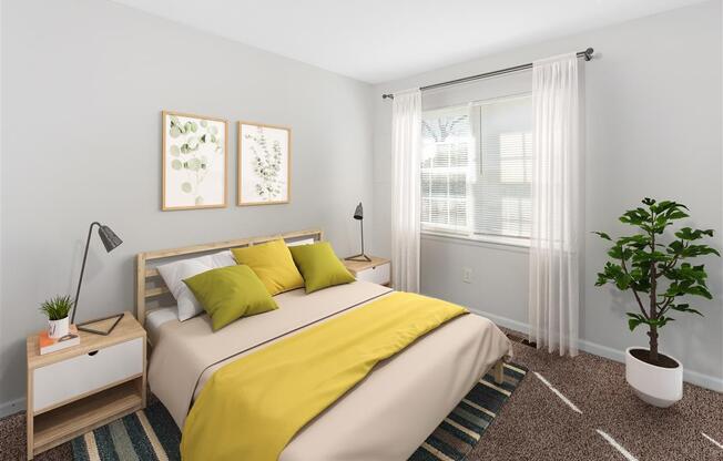 A bedroom with a bed, nightstand, and a plant.