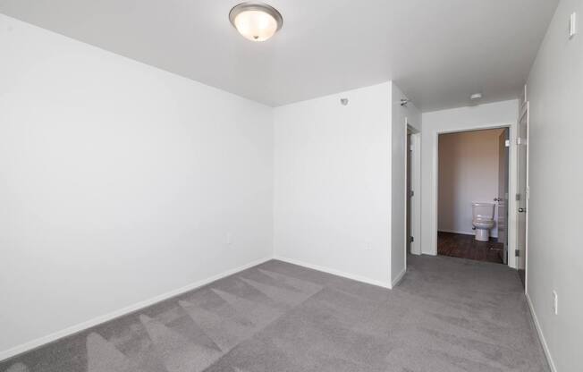A room with a carpeted floor and a ceiling light.