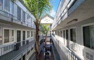 Gated inner atrium at the Atrium Apartments in San Diego, California.