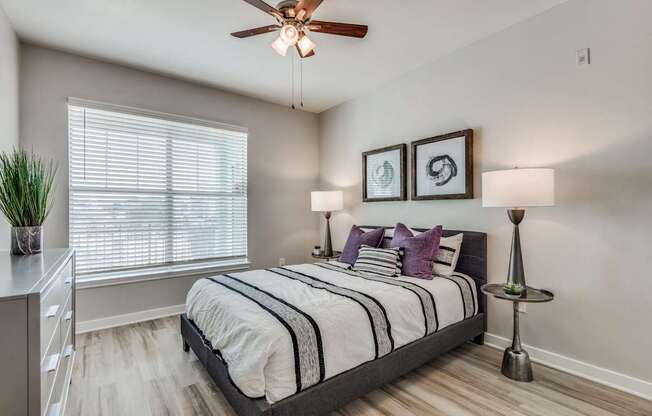A bedroom with a bed, a ceiling fan, and a nightstand with a lamp.