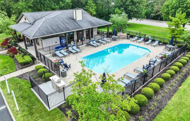 an aerial view of a resort style pool