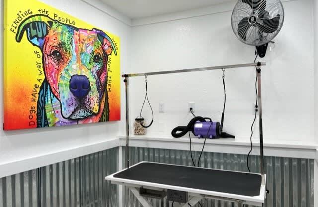 a painting of a dog on a wall next to a treadmill