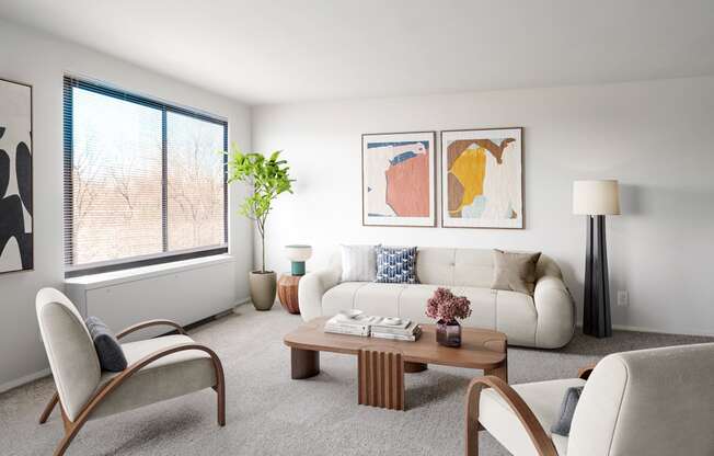 a living room with white furniture and a large window