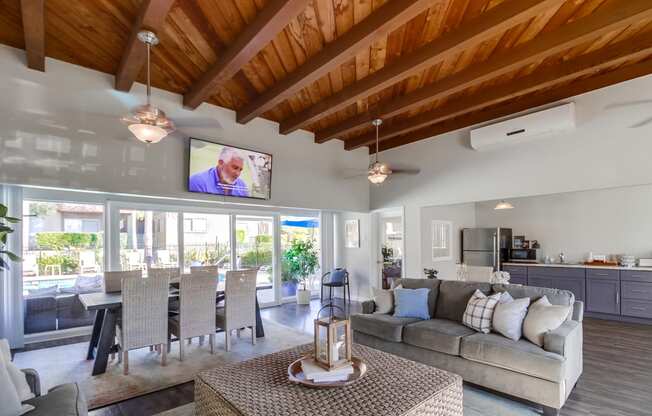 a living room with a couch and a table