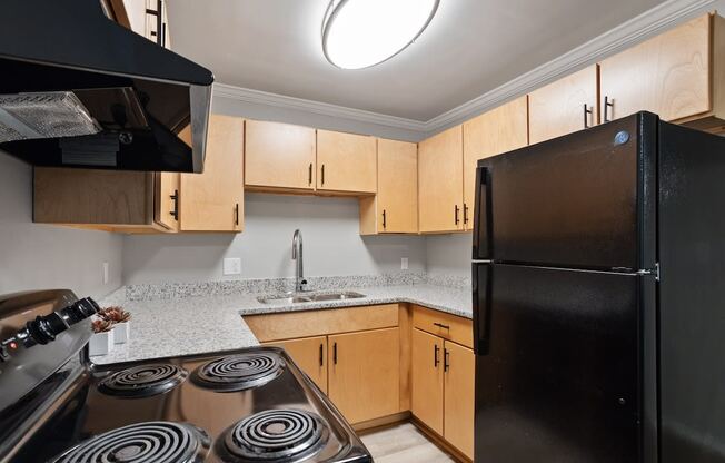 A Mountainside Apartments kitchen with black appliances and wood cabinets