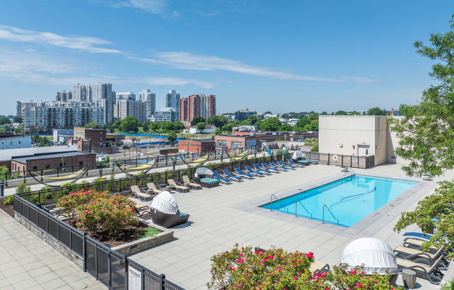 a swimming pool at a hotel with a city in the background