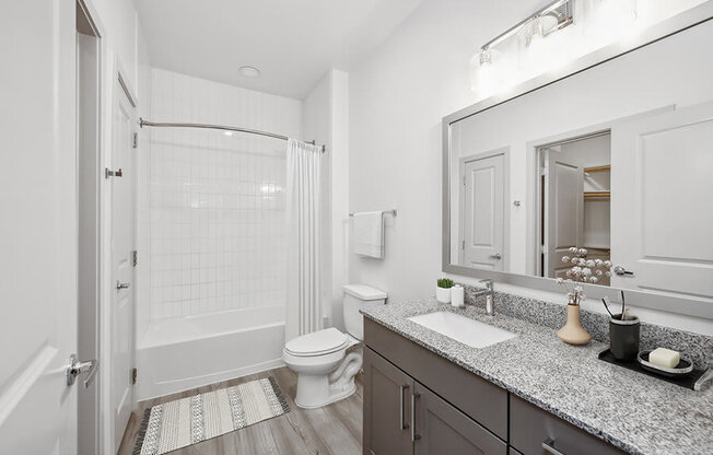 Model Bathroom with Gray Cabinets, Wood-Style Flooring and Shower/Tub at Alta 3Eighty Apartments located in Aubrey, TX.