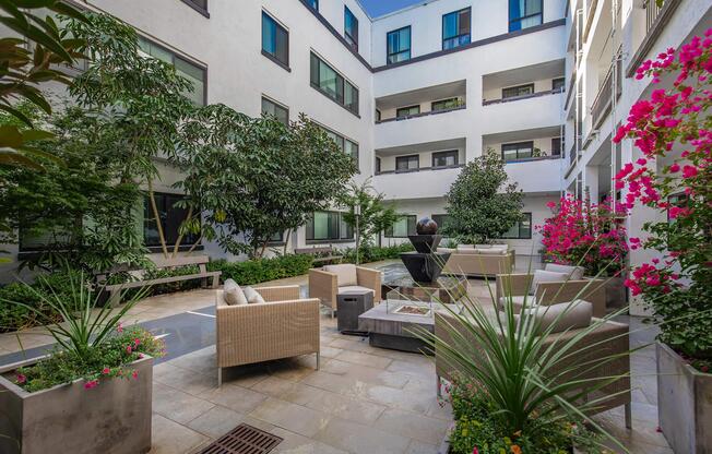 1825 Mission courtyard filled with plants and couches