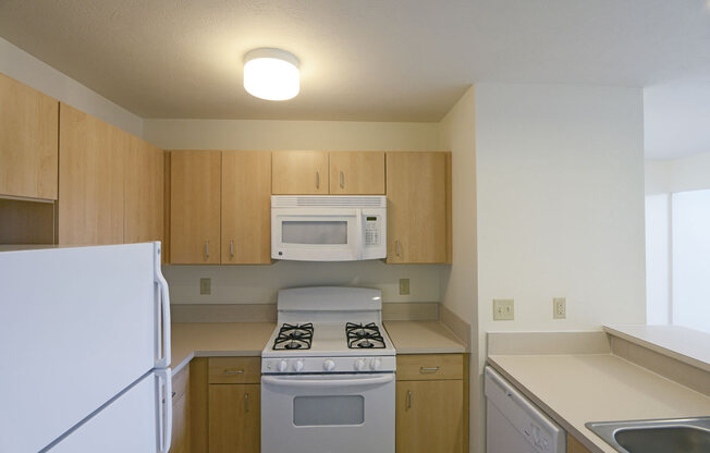 Two Bedroom Kitchen with Microwave and Gas Range at Hunters Pond Apartment Homes, Champaign, IL
