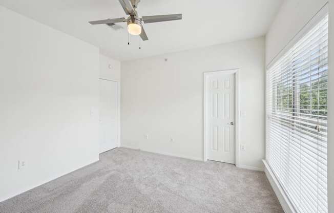 A room with great natural light, a ceiling fan, and carpeted floor.